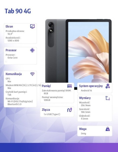 Tablet TAB 90 4G 10,92 cali 8/128GB Szary Tablet TAB 90 4G 10,92 cali 8/128GB Szary