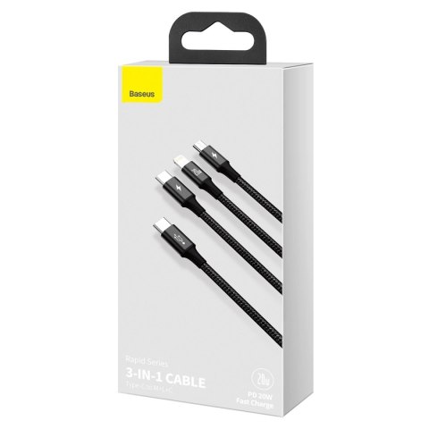 Kabel Baseus Rapid Series 3w1 USB-C - USB-C / Lightning / micro USB 20W PD 1.5m - czarny Kabel Baseus Rapid Series 3w1 USB-C - USB-C / Lightning / micro USB 20W PD 1.5m - czarny
