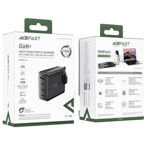 Ładowarka sieciowa Acefast A97 PD100W GaN (3 x USB-C + USB-A) z wtyczką UK - czarna Ładowarka sieciowa Acefast A97 PD100W GaN (3 x USB-C + USB-A) z wtyczką UK - czarna