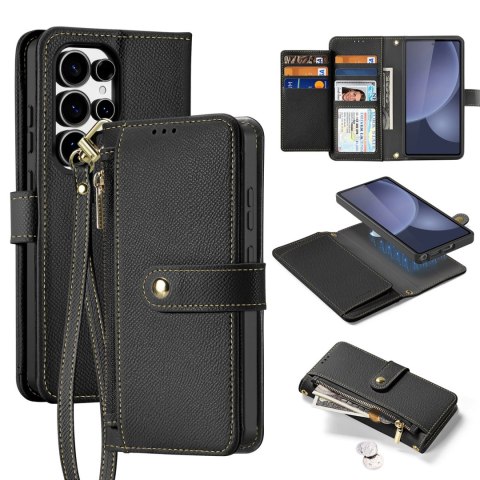 Etui skórzane Dux Ducis Lawa na Samsung Galaxy S25 Ultra z odłączanym portfelem magnetycznym - czarne Etui skórzane Dux Ducis Lawa na Samsung Galaxy S25 Ultra z odłączanym portfelem magnetycznym - czarne