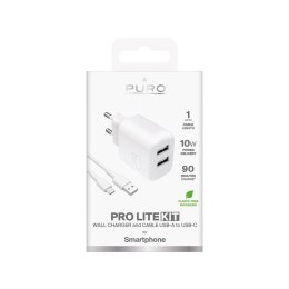 Ładowarka sieciowa Puro PROLITE 10W 2x USB-A + kabel USB-A - USB-C 1.2m - biała