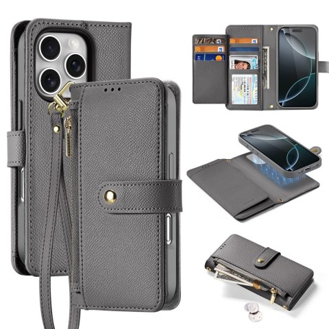 Etui skórzane Dux Ducis Lawa na iPhone 16 Pro z odłączanym portfelem magnetycznym - szare Etui skórzane Dux Ducis Lawa na iPhone 16 Pro z odłączanym portfelem magnetycznym - szare