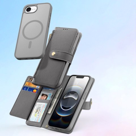 Etui skórzane Dux Ducis Lawa na iPhone 16e z odłączanym portfelem magnetycznym - szare Etui skórzane Dux Ducis Lawa na iPhone 16e z odłączanym portfelem magnetycznym - szare