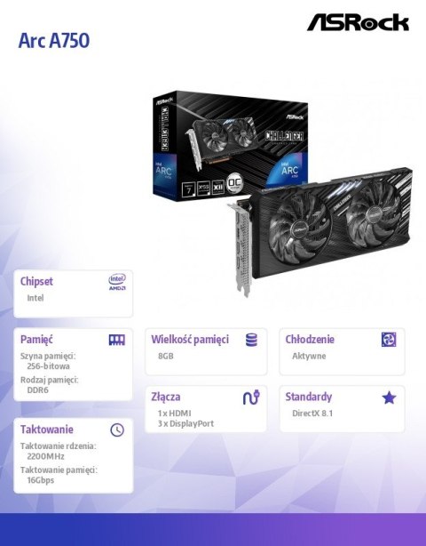 Karta graficzna Arc A750 Challenger SE 8GB OC GDDR6 256bit 3DP/HDMI Karta graficzna Arc A750 Challenger SE 8GB OC GDDR6 256bit 3DP/HDMI