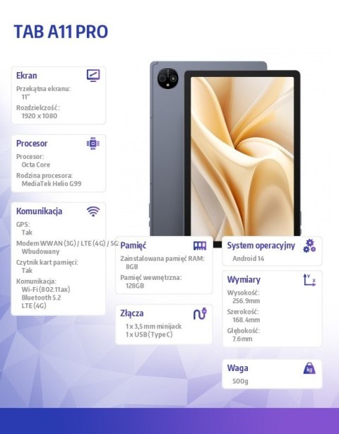 Tablet A11 Pro 4G 11" 8/128GB szary Tablet A11 Pro 4G 11" 8/128GB szary