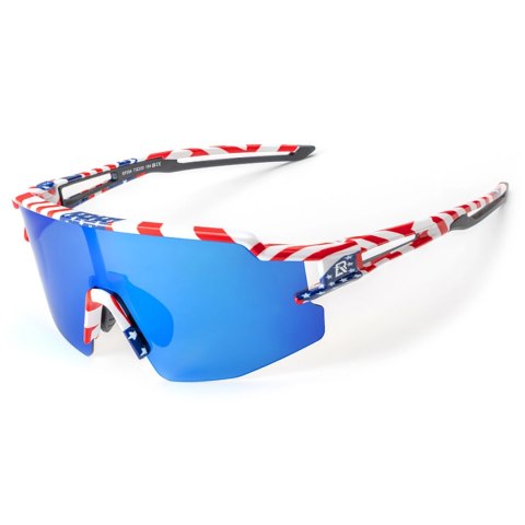 Okulary rowerowe Rockbros polaryzacyjne z ochroną UV i wkładką korekcyjną niebieskie szkła - wzór USA - białe Okulary rowerowe Rockbros polaryzacyjne z ochroną UV i wkładką korekcyjną niebieskie szkła - wzór USA - białe