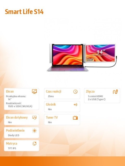 Przenośne monitory do laptopa Smart Life S14 14'' 2 monitory, IPS,1920x1200 Przenośne monitory do laptopa Smart Life S14 14'' 2 monitory, IPS,1920x1200