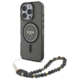 Etui Guess IML Glitter With Pearl Strap MagSafe na iPhone 16 Pro - czarne