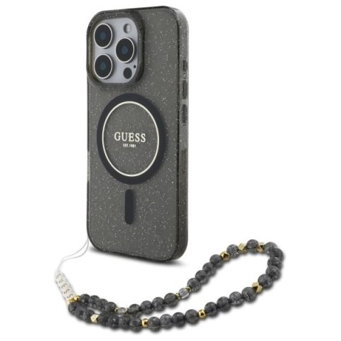 Etui Guess IML Glitter With Pearl Strap MagSafe na iPhone 16 Pro - czarne