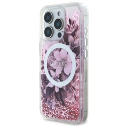 Etui Guess Liquid Glitter Flower MagSafe na iPhone 16 Pro - różowe