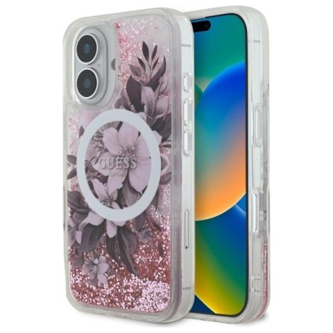 Etui Guess Liquid Glitter Flower MagSafe na iPhone 16 - różowe