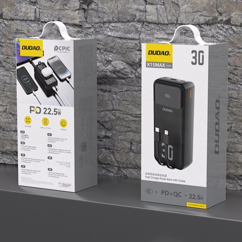 Powerbank Dudao K15MAX 30000mAh PD 22.5W z wbudowanymi kablami - czarny Powerbank Dudao K15MAX 30000mAh PD 22.5W z wbudowanymi kablami - czarny