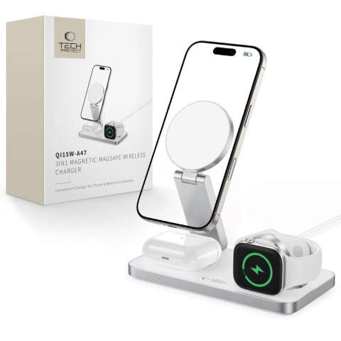 Ładowarka indukcyjna Tech-Protect QI15W-A47 MagSafe 3w1 + kabel USB-C - biała Ładowarka indukcyjna Tech-Protect QI15W-A47 MagSafe 3w1 + kabel USB-C - biała