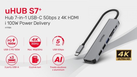 HUB USB-C 7w1 Aluminium PD 100W ; 5 Gbps ; HDMI 4K HUB USB-C 7w1 Aluminium PD 100W ; 5 Gbps ; HDMI 4K