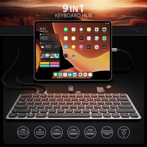 Klawiatura HMC-KB-CRL USB-C 5Gbps z wieloportowy hub 9in1, SD/microSD, 3x USB-A, HDMI 4K/60Hz, PD 100W, Audio, Cyrillic layout, Klawiatura HMC-KB-CRL USB-C 5Gbps z wieloportowy hub 9in1, SD/microSD, 3x USB-A, HDMI 4K/60Hz, PD 100W, Audio, Cyrillic layout,