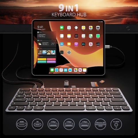 Klawiatura HMC-KB-NRD USB-C 5Gbps z wieloportowy hub 9in1, SD/microSD, 3x USB-A, HDMI 4K/60Hz, PD 100W, Audio, Nordic layout, 60 Klawiatura HMC-KB-NRD USB-C 5Gbps z wieloportowy hub 9in1, SD/microSD, 3x USB-A, HDMI 4K/60Hz, PD 100W, Audio, Nordic layout, 60