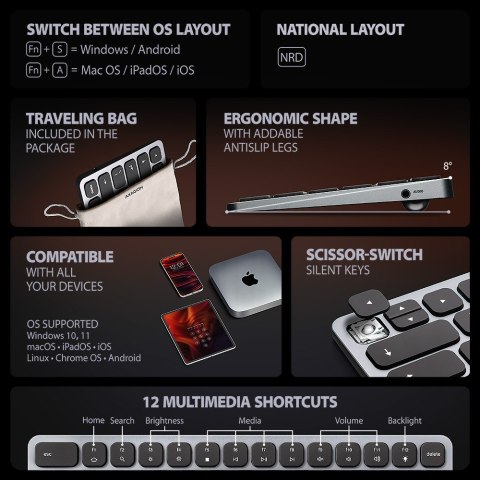 Klawiatura HMC-KB-NRD USB-C 5Gbps z wieloportowy hub 9in1, SD/microSD, 3x USB-A, HDMI 4K/60Hz, PD 100W, Audio, Nordic layout, 60 Klawiatura HMC-KB-NRD USB-C 5Gbps z wieloportowy hub 9in1, SD/microSD, 3x USB-A, HDMI 4K/60Hz, PD 100W, Audio, Nordic layout, 60