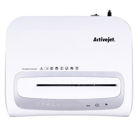 Niszczarka Activejet ASH-1602M, P-5, 28 l, ścinki 2x14 mm, 16 kartek, biała Niszczarka Activejet ASH-1602M, P-5, 28 l, ścinki 2x14 mm, 16 kartek, biała