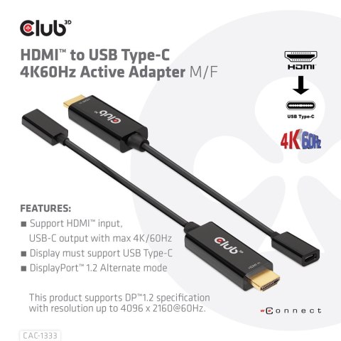CLUB 3D CAC-1333 adapter kablowy 0,22 m HDMI Typu A (Standard) USB Type-C Czarny CLUB 3D CAC-1333 adapter kablowy 0,22 m HDMI Typu A (Standard) USB Type-C Czarny