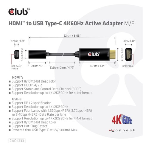 CLUB 3D CAC-1333 adapter kablowy 0,22 m HDMI Typu A (Standard) USB Type-C Czarny CLUB 3D CAC-1333 adapter kablowy 0,22 m HDMI Typu A (Standard) USB Type-C Czarny