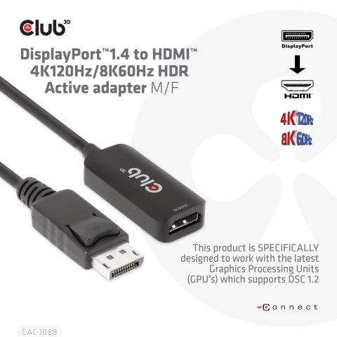 CLUB3D CAC-1088 adapter kablowy 0,21 m DisplayPort HDMI Czarny CLUB3D CAC-1088 adapter kablowy 0,21 m DisplayPort HDMI Czarny