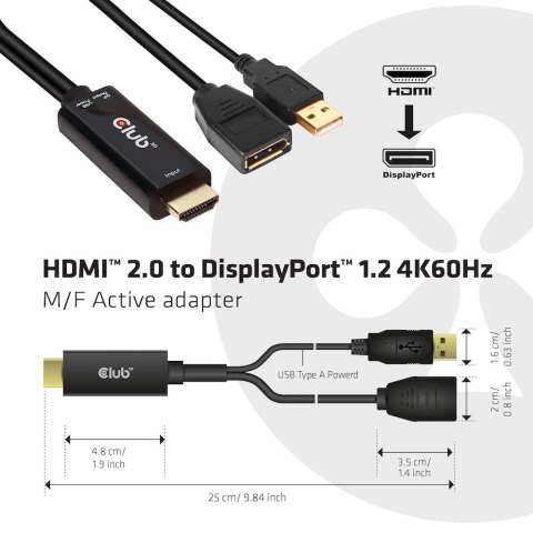 CLUB3D HDMI 2.0 TO DISPLAYPORT 1.2 4K60HZ HDR M/F ACTIVE ADAPTER Czarny CLUB3D HDMI 2.0 TO DISPLAYPORT 1.2 4K60HZ HDR M/F ACTIVE ADAPTER Czarny