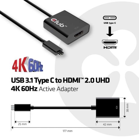 CLUB3D USB 3.1 Type C to HDMI 2.0 UHD 4K 60HZ Active Adapter CLUB3D USB 3.1 Type C to HDMI 2.0 UHD 4K 60HZ Active Adapter