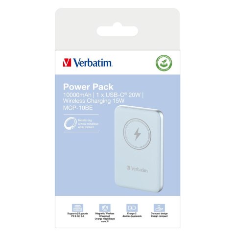 Verbatim Charge 'n' Go Litowo-polimerowy (LiPo) 10000 mAh Bezprzewodowe ładowanie Niebieski Verbatim Charge 'n' Go Litowo-polimerowy (LiPo) 10000 mAh Bezprzewodowe ładowanie Niebieski