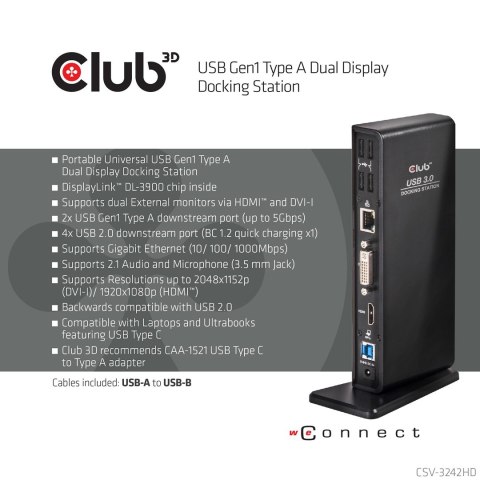 CLUB3D SenseVision USB3.0 Dual Display Docking Station CLUB3D SenseVision USB3.0 Dual Display Docking Station