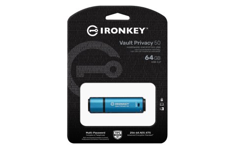 Kingston Technology IronKey Vault Privacy 50 pamięć USB 64 GB USB Typu-A 3.2 Gen 1 (3.1 Gen 1) Czarny, Niebieski Kingston Technology IronKey Vault Privacy 50 pamięć USB 64 GB USB Typu-A 3.2 Gen 1 (3.1 Gen 1) Czarny, Niebieski