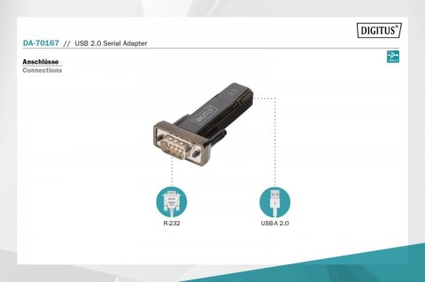 Konwerter / Adapter USB-A 2.0 męski do RS232 (DB9) męski | Chipset Prolific PL2303GT | Mocowanie na śruby | z dodatkowym kablem 