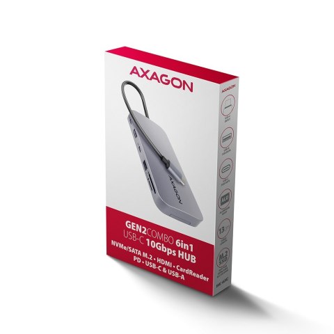 HMC-6GM2 Wieloportovy hub USB 6in1, 10Gbps, USB-A, USB-C, HDMI 4K/60Hz, M.2 NVMe/SATA, SD/microSD, PD 100W, 20cm USB-C kabel
