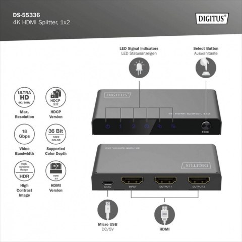 Rozdzielacz/Splitter HDMI 1x2, 4K/60Hz UHD z HDR, 18 Gbps, HDCP 2.2, EDID