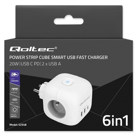 Kostka zasilająca przedłużacz 6w1 z podświetlanym włącznikiem | 3x AC | 2x USB | 1x USB-C PD 20W | biała