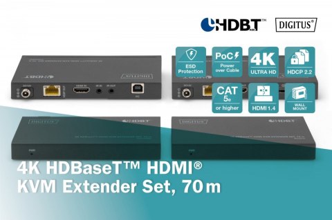 Przedłużacz/Extender KVM HDMI+USB HDBaseT 70m 4K30Hz HDCP 2.2 PoC (Power over Cable) audio IR zestaw
