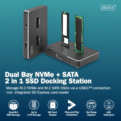 Stacja dokująca dysków | USB-C 3.2 Gen2 10Gbps | SSD M.2 NVMe + SATA (max. 2x 4TB) | Czytnik kart SD-Express 7.1 (max. 2TB) | Cz