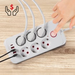 Listwa zasilająca MCE391 W 6 gniazd 4xUSB-A 1xUSB-C 110-240V AC 50/60Hz, 2.1A max 2500W, biała
