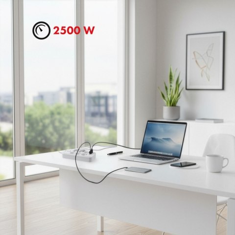 Listwa zasilająca MCE391 W 6 gniazd 4xUSB-A 1xUSB-C 110-240V AC 50/60Hz, 2.1A max 2500W, biała