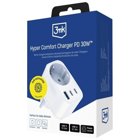 Adapter sieciowy Hyper Charger 30W 1xUSB-A 2xUSB-C 1x Schuko PD QC 3.0 białt