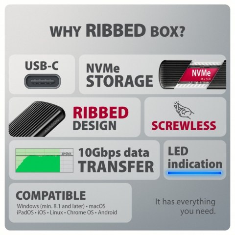 EEM2-SC Obudowa zewnętrzna aluminiowa bezśrubowa USB-C 3.2 Gen 2 10Gbps - M.2 NVMe SSD, długość 30 do 80 mm szary