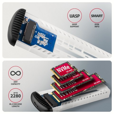 EEM2-SC Obudowa zewnętrzna aluminiowa bezśrubowa USB-C 3.2 Gen 2 10Gbps - M.2 NVMe SSD, długość 30 do 80 mm szary