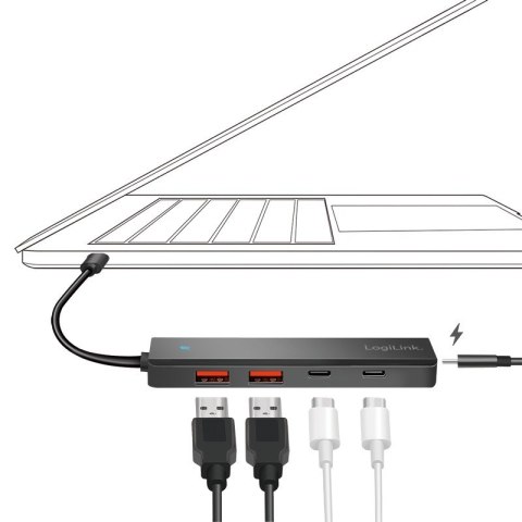 Hub USB-C, 4-porty 2x USB-A,2xUSB-C, czarny