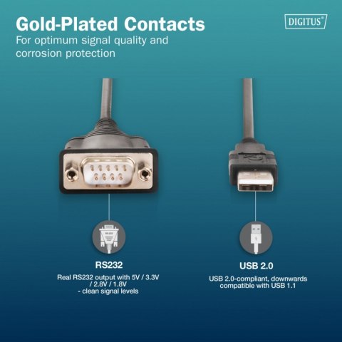 Kabel adapter USB 2.0 do RS232 (DB9) | Chipset FTDI (FT232RNL) | PVC, czarny | Mocowanie w tulejkach gwintowanych | 1.8m