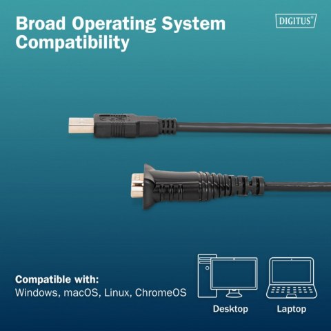 Kabel adapter USB 2.0 do RS232 (DB9) | Chipset FTDI (FT232RNL) | PVC, czarny | Mocowanie w tulejkach gwintowanych | 1.8m
