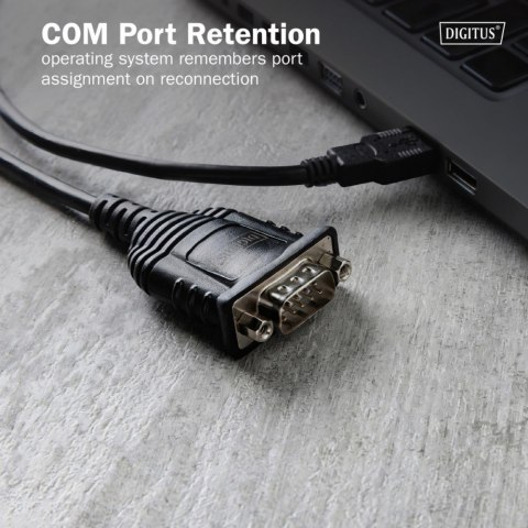 Kabel adapter USB 2.0 do RS232 (DB9) | Chipset FTDI (FT232RNL) | PVC, czarny | Mocowanie w tulejkach gwintowanych | 1.8m