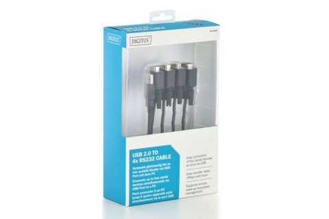 Kabel adapter USB-A 2.0 męski do 4x RS232 (DB9) męski | Chipset FTDI FT2232H | Czarny | Mocowanie na śruby | 1.5m