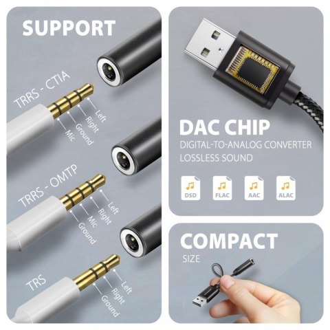 ADA-HA Zewnętrzna karta dźwiękowa USB-A 32bit DAC, 384kHz, 3.5mm (F) złącze