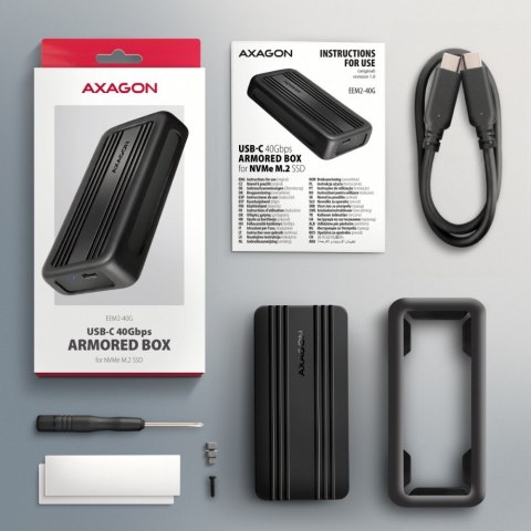 EEM2-40G Obudowa zewnętrzna aluminiowa USB4 Gen 3x2 M.2 SSD NVMe 40Gbps passive, USB-C cable, silicon sleeve