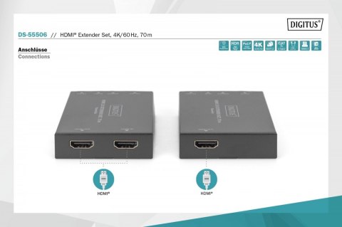 Przedłużacz / Extender HDMI 70m po skrętce kat.5e/6/7 4K 60Hz PoC (Power over Cable) (zestaw)