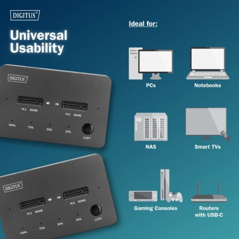Stacja dokująca dysków z funkcją klonowania | USB-C 3.2 Gen2 10Gbps | SSD M.2 NVMe (max. 2x 4TB) | Funkcja Offline Clone | Czarn